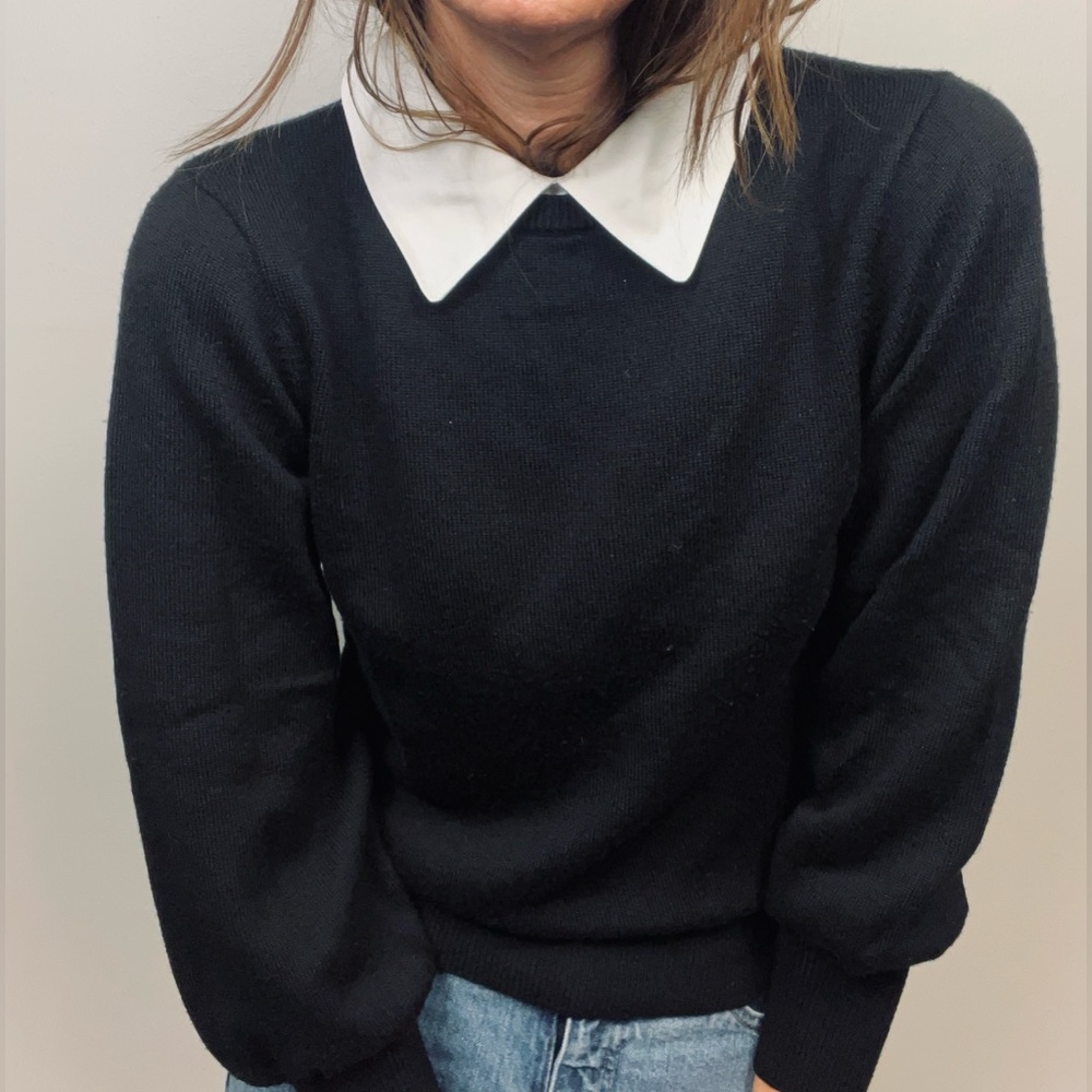 Kate Spade Black Wool Knit Top – White Mock Collar Preppy Sweater – Classic - M - Picture 10 of 10